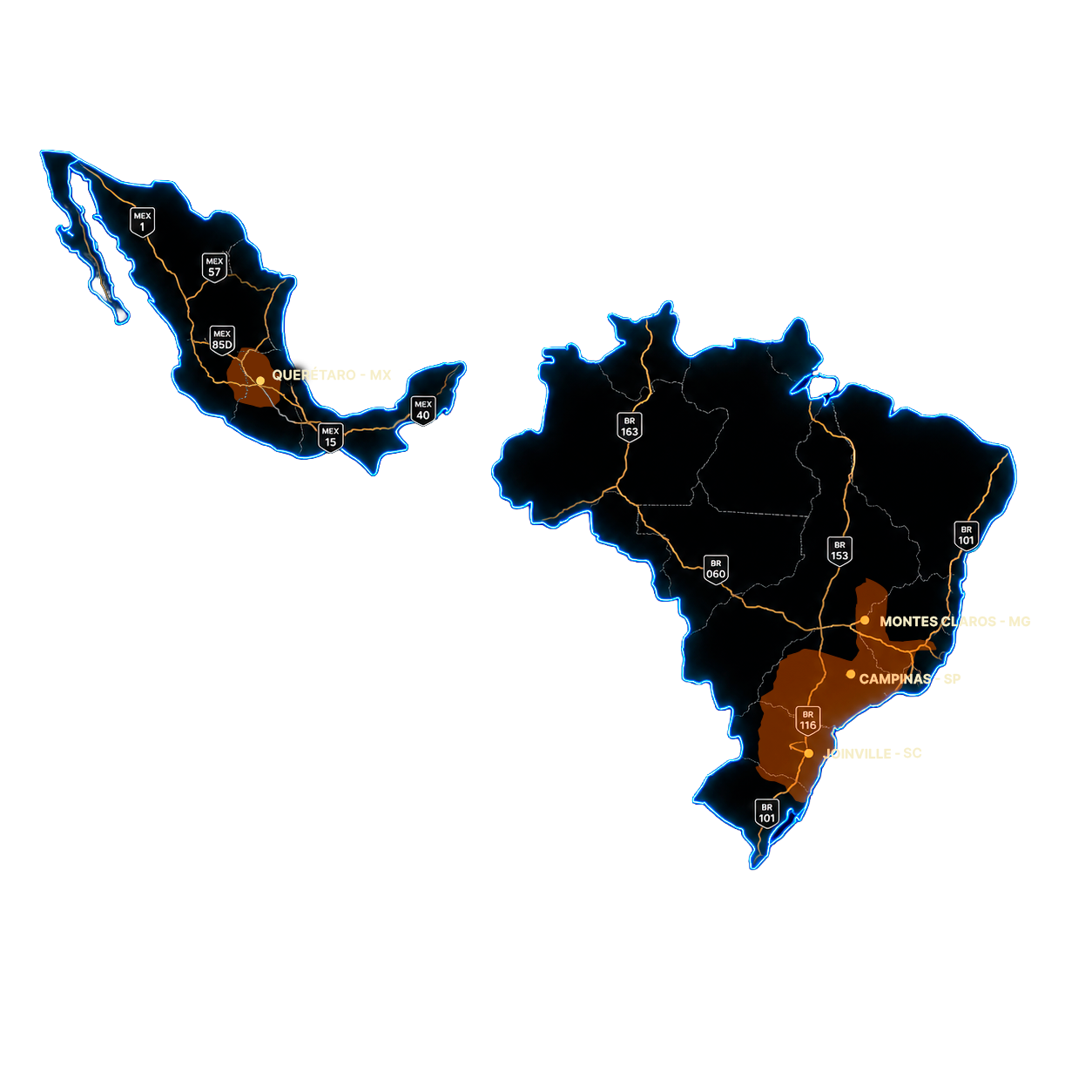 Mapa de cobertura da Pollux no Brasil e no México
