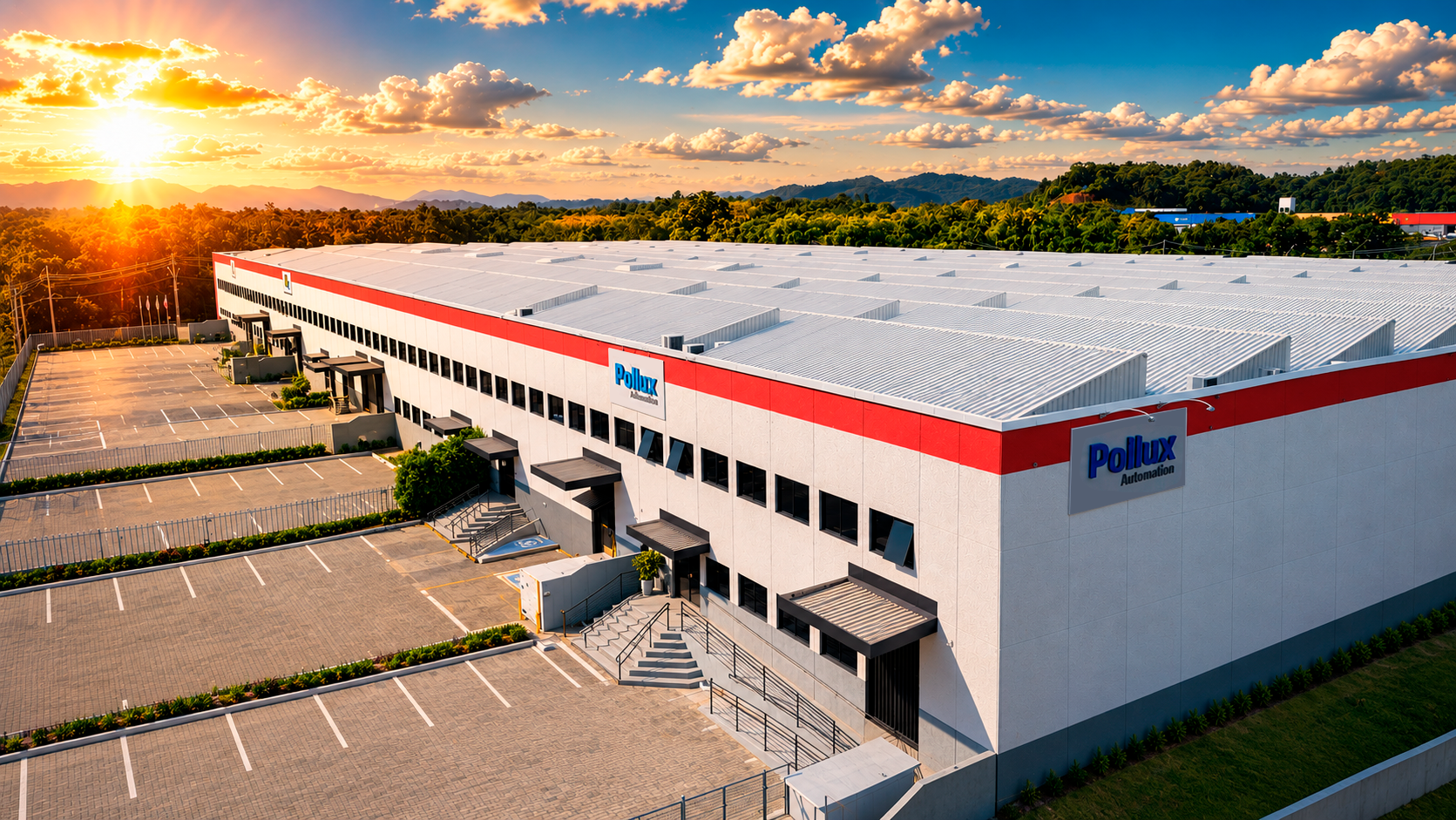 Unidade industrial da Pollux Automation vista de cima ao entardecer