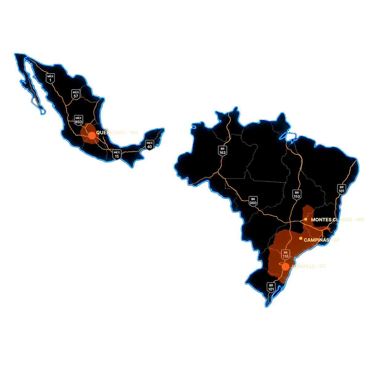 Mapa de cobertura da Pollux no Brasil e no México